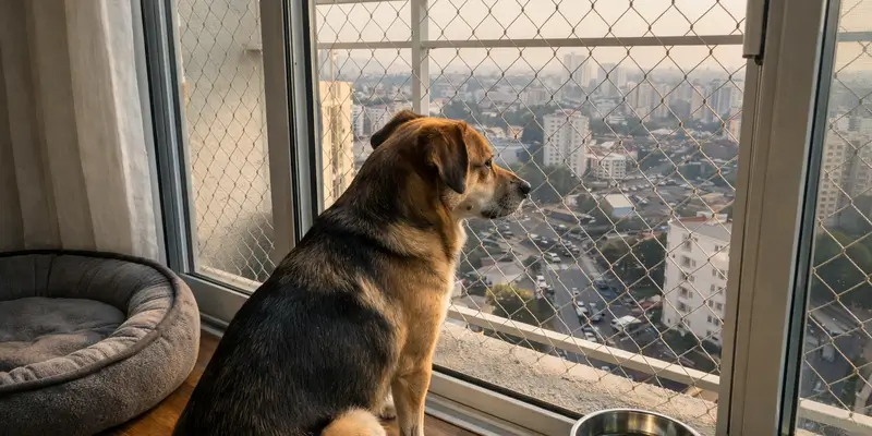 cachorro explorando apartamento novo com tutor ao lado em ambiente organizado e tranquilo