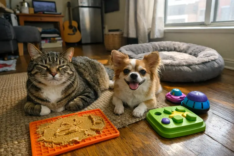 cachorro relaxando em caminha dentro de apartamento com brinquedos ao redor em ambiente confortável e organizado