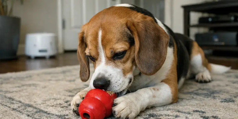 cachorro em apartamento latindo próximo à porta enquanto observa sons externos no corredor