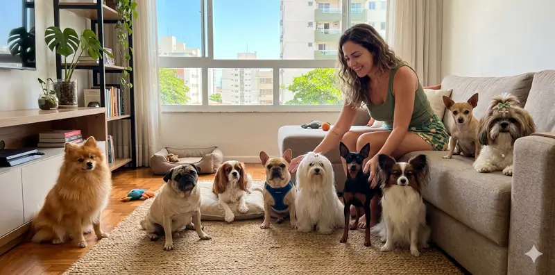 cães pequenos de diferentes raças sentados juntos em ambiente de apartamento organizado e confortável