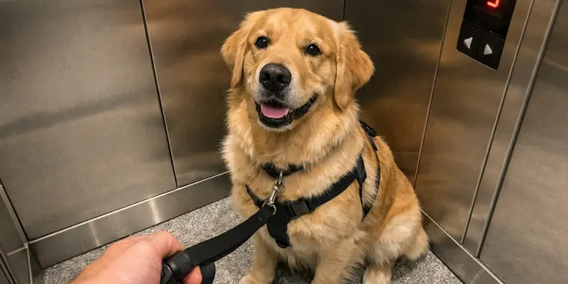 tutor passeando com cachorro na guia em área comum de condomínio residencial com comportamento controlado e seguro